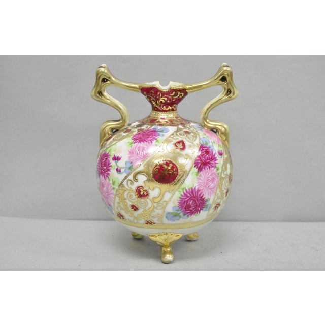 Antique Nippon Moriage Porcelain Twin Handle Ball Vase W/ Hand Painted Roses For Sale - Image 9 of 14