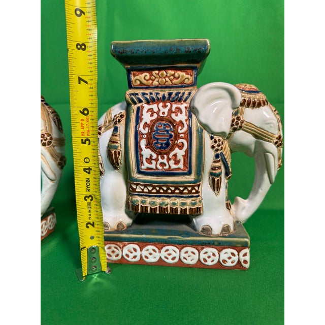 Mid 20th Century Mid 20th Century Pair of Polychrome Ceramic Elephant Plant Stands With Shou Medallions For Sale - Image 5 of 7