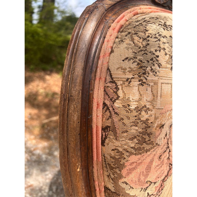Cerise Antique 19th Century French Louis XVI Style Bergere Parlor Chair in Pink Jacquard Fabric and Pictoral Tapestry Backrest For Sale - Image 8 of 9