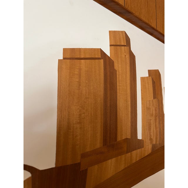 Mid-Century Modern Mel Quimby Attr. 1960s Wood Veneer Cityscape Silhouette Framed Wall Art For Sale - Image 3 of 12