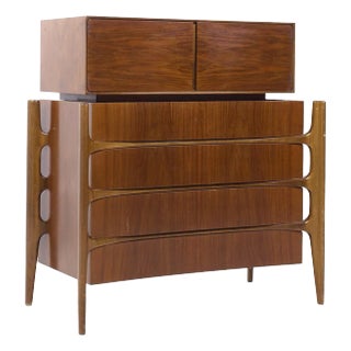 William Hinn Mid Century Walnut Curved Front Highboy Dresser For Sale
