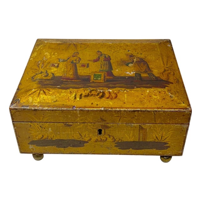 19th Century English Chinoiserie Regency Pinwork Work Box For Sale