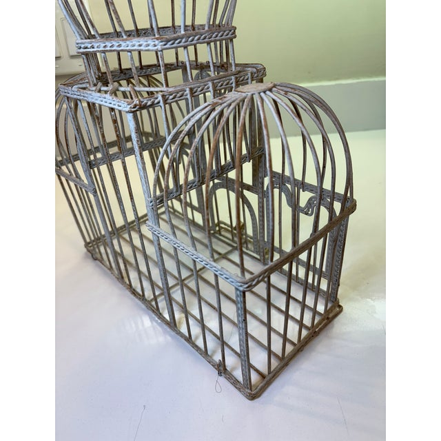 Taj Mahal Style Vintage Distressed White Metal Birdcage With Hanging Chain For Sale - Image 15 of 17