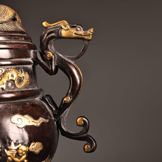 Solid Copper Gilt Gold & Silver High-Relief Incense Burner Censer With Laughing Buddha & Dragons For Sale - Image 9 of 10