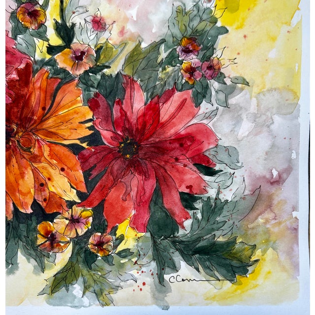 2020s Original Watercolor Painting Ink and Wash “Red and Orange Dahlias” For Sale - Image 5 of 5