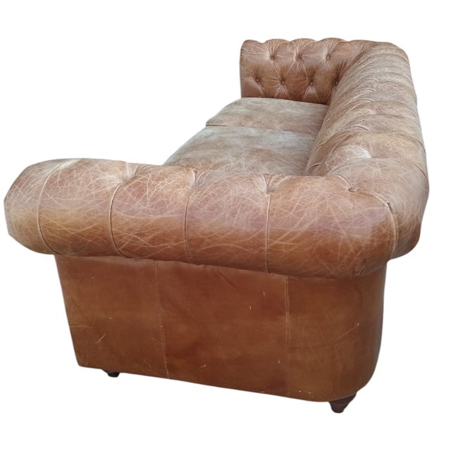 Elevate Your Living Space With This Stunning, Handcrafted Chesterfield Sofa and Ottoman in Genuine Tan Leather For Sale - Image 10 of 12