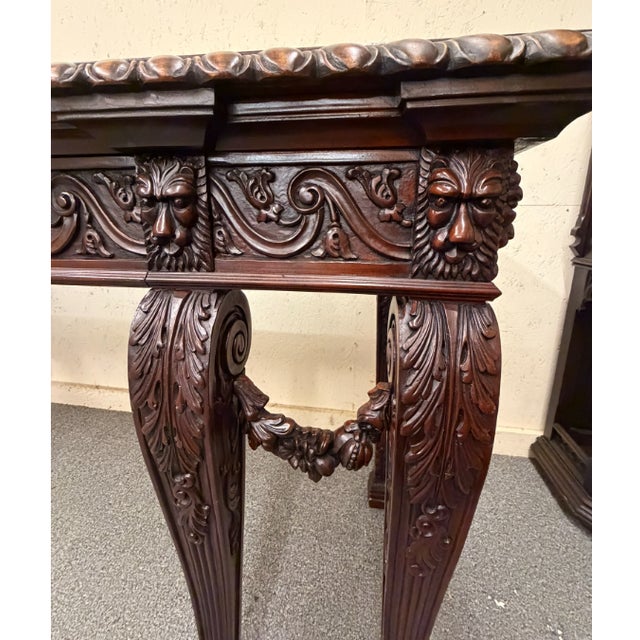 Regency Style Hand-Carved Mahogany & Walnut Console Table With Grotesque Mask Apron, Circa 1980 For Sale In Indianapolis - Image 6 of 8