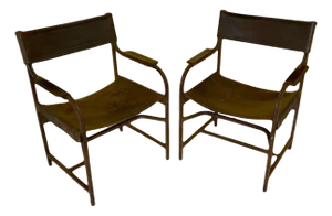 Naturally Distressed Low Profile Industrial Era Safari Armchairs in Curved Steel Frames and Riveted Leather After Marcel Breuer - Set of 2