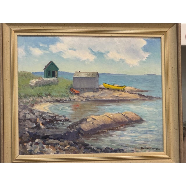 1960s Fish Houses, Summerville Oil Painting on Board Signed by Canadian Gordon Payne For Sale - Image 12 of 14