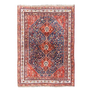 Early 20th Century Antique Persian Shiraz Rug With Tri-Medallion Geometrics in Royal Blue and Red For Sale