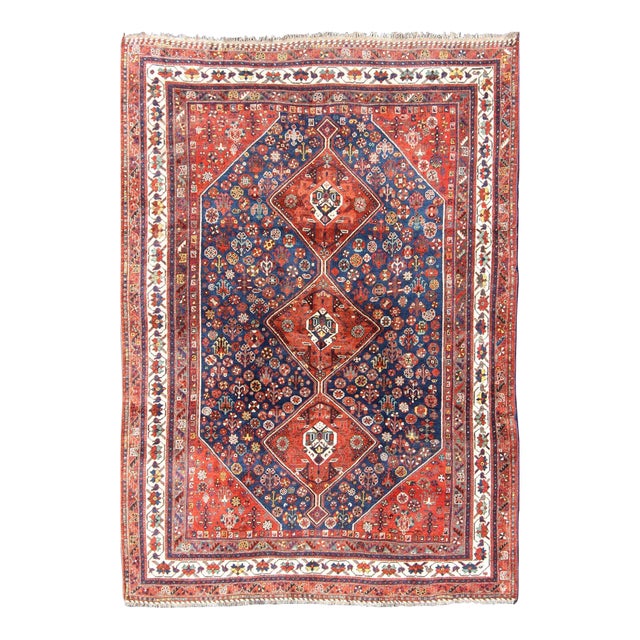 Early 20th Century Antique Persian Shiraz Rug With Tri-Medallion Geometrics in Royal Blue and Red For Sale