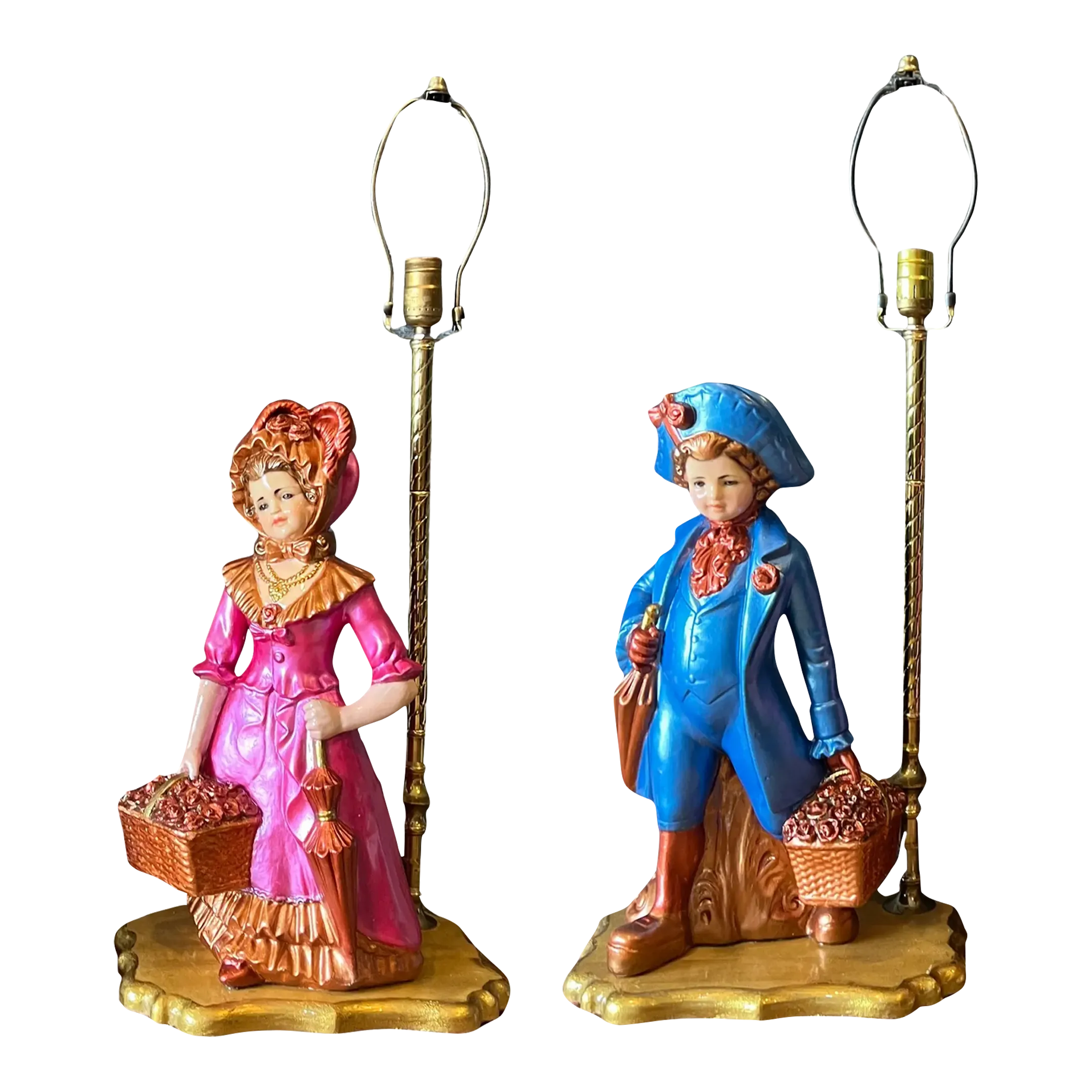 Mid-Century Chalkware Figural Boy and Girl Carrying Flower Baskets