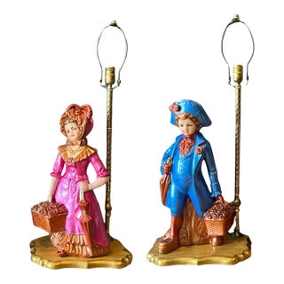 Mid-Century Chalkware Figural Boy and Girl Carrying Flower Baskets Table Lamp -A Pair For Sale