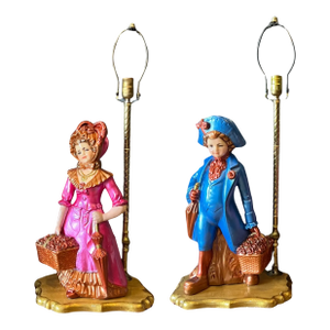 Mid-Century Chalkware Figural Boy and Girl Carrying Flower Baskets Table Lamp -A Pair