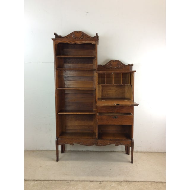 American Antique Oak Side by Side With Bookcase and Drop Front Writing Desk For Sale - Image 3 of 12