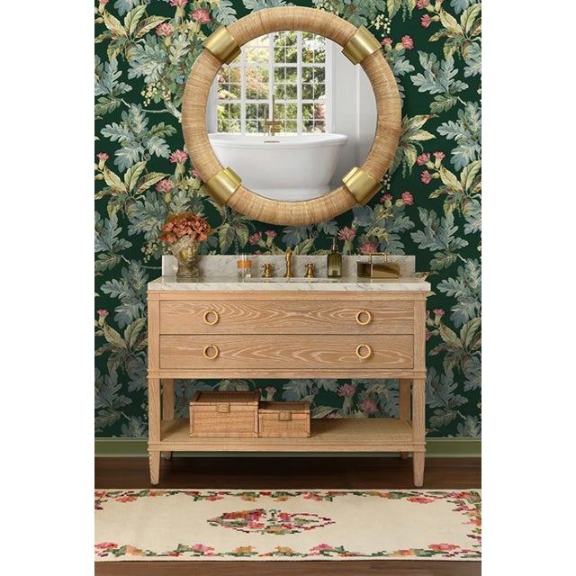 New special order item. Not vintage. 48" wide bath vanity in cerused oak with open case shelf, white marble top, porcelain...