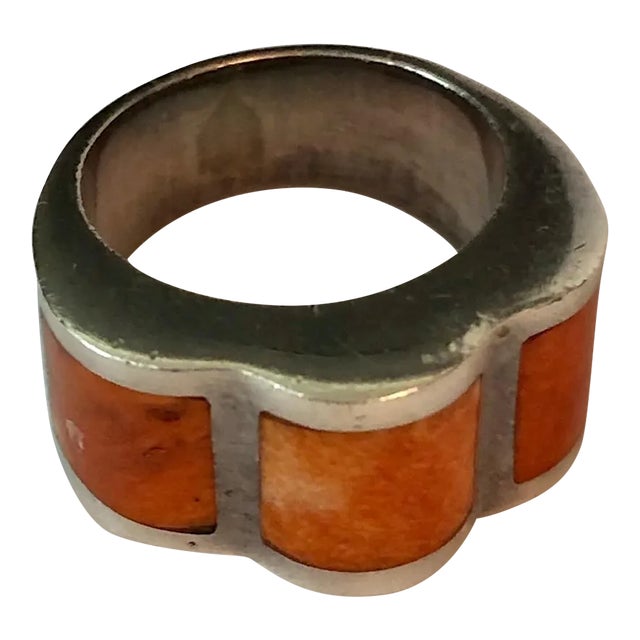Peruvian Modernist Inlay Carnelian Agate and Sterling Ring Size 7 For Sale