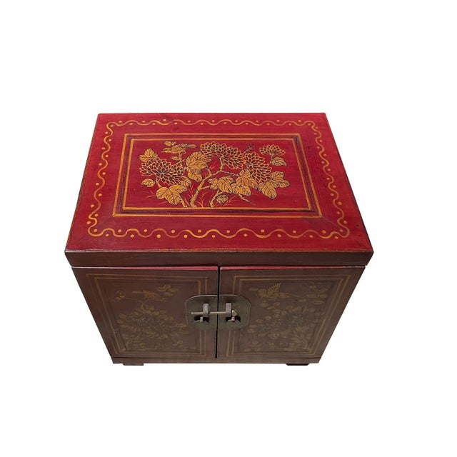 2010s Chinese Distressed Brick Red Flower Birds Graphic End Table Nightstand For Sale - Image 5 of 6