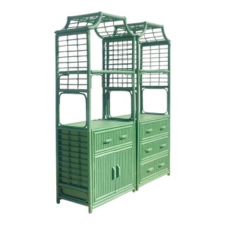 Vintage Coastal Notched Corner Rattan Etagere - a Pair For Sale