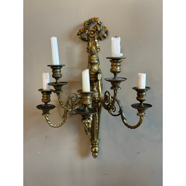 Mid 19th Century Louis XVI Style Gilt Bronze Five Arm Candle Wall Sconces For Sale - Image 5 of 11