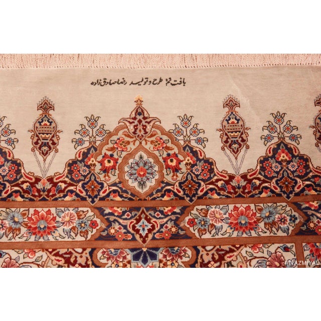 Textile 1950s Fine Silk Pile Floral Vintage Persian Qum Short Runner Rug For Sale - Image 7 of 8