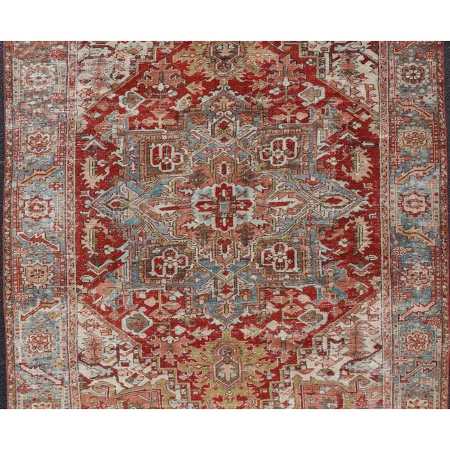 Antique Persian Heriz Rug with Geometric Medallion Design in Soft Colors. Keivan Woven Arts/ Rug/ EMB-22193-15100,...