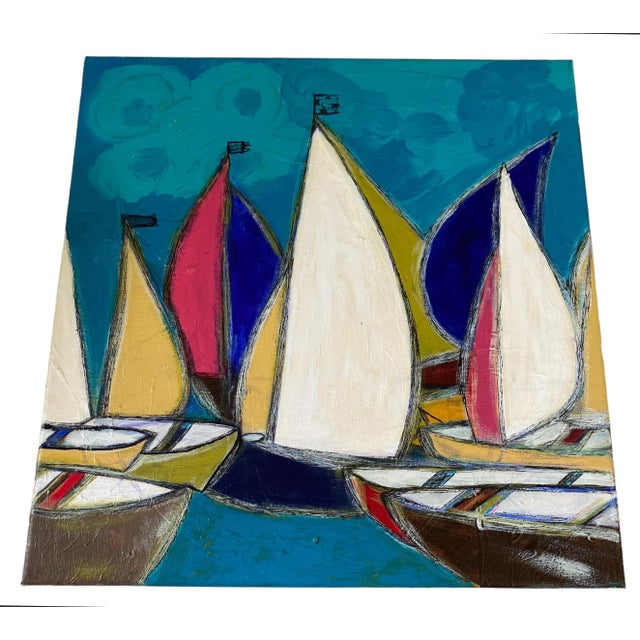 Acrylic on Canvas Titled Los Barcos Signed Yjr 14" H For Sale In New York - Image 6 of 11