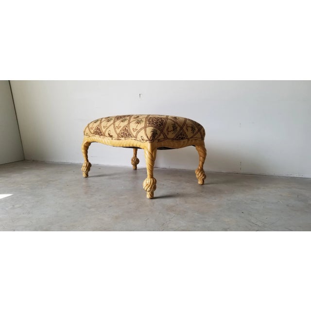 Hollywood Regency Style Rope & Tassel Carved Wood Frame Ottoman For Sale - Image 10 of 10