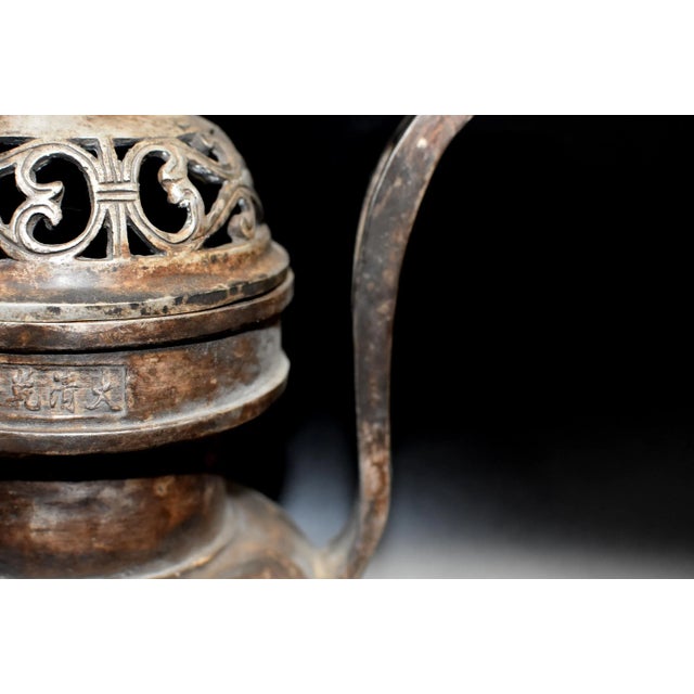 Bronze Chinese Antique Incense Burner, Large, White Brass With Foo Dog For Sale - Image 8 of 13