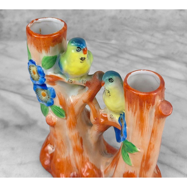 Ceramic Vintage Art Deco Ceramic Parakeet Bird Double Stem Bud Vase For Sale - Image 7 of 9