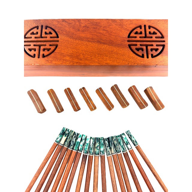 Contemporary Asian Modern Vietnamese Wooden Chopsticks for 8 With Green Mother of Pearl Marbled Tips Decorative Storage Box and Coordinating Rests - 25 pcs For Sale - Image 3 of 8