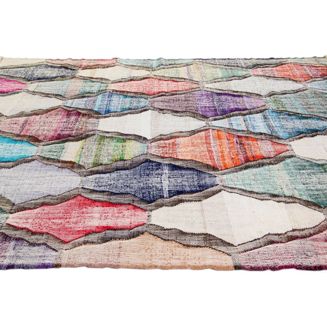 2010s Contemporary Kilim Handmade Geometric Multicolor Wool Rug For Sale - Image 5 of 10