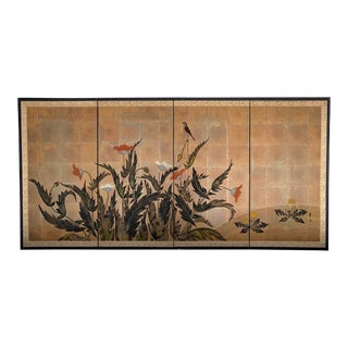 Antique Japanese Byobu Four-Panel “Poppies and Swallow” Screen For Sale