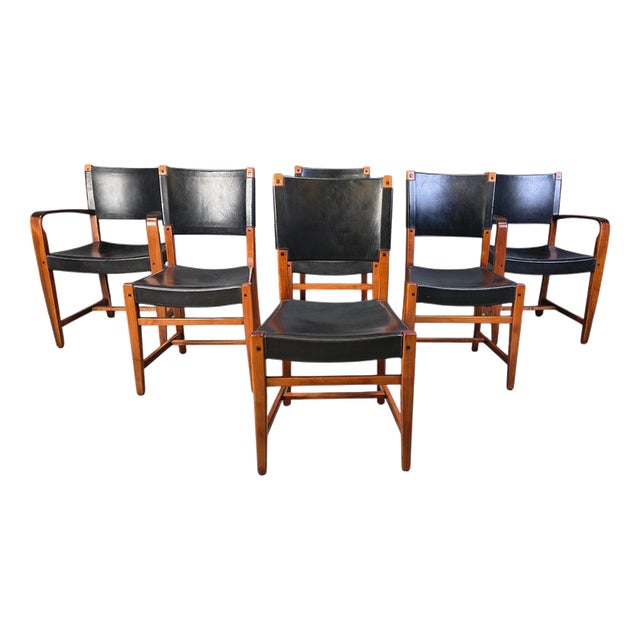 Vintage Spanish Leather and Wood Dining Chairs, 1970s, Set of 6 For Sale