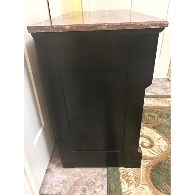 Ebony Vintage, Ebonized Wood Commode, Featuring a Marble Top, Three Drawers, Gilded Bronze Mounts, and Gilded Accents on Pilasters, in the Style of Eastlake For Sale - Image 8 of 10