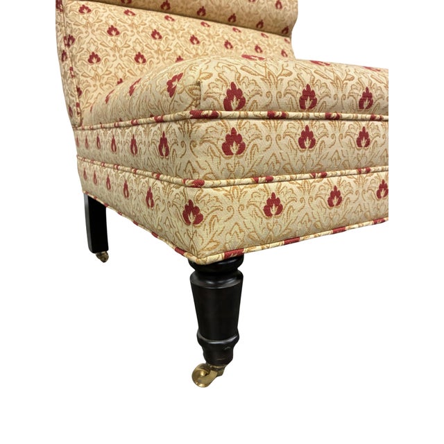 Textile Pair of Petite Traditional Floral Upholstered Slipper Chairs With Brass Casters & Pillows For Sale - Image 7 of 8
