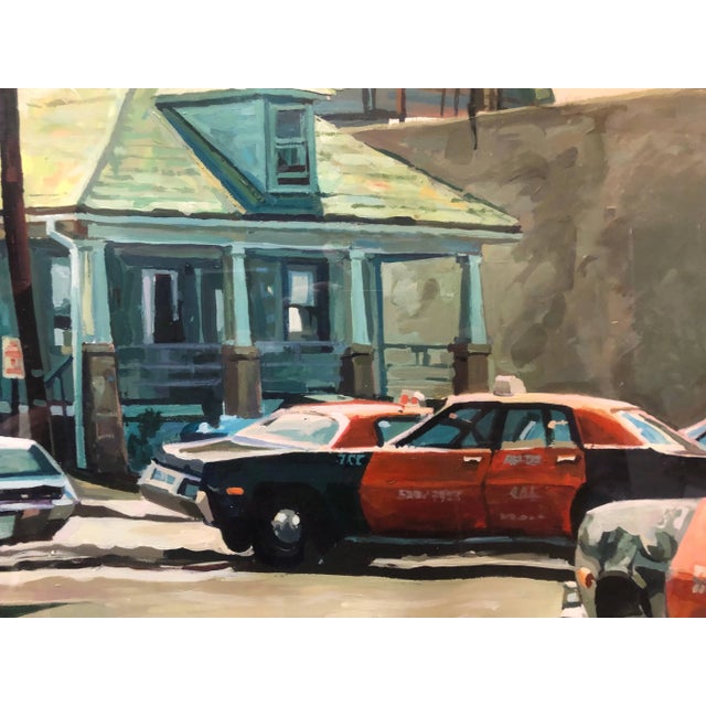 Photorealism Val Lewton American Street Scene Painting, Landscape with Taxi Cabs, 1983 For Sale - Image 3 of 4