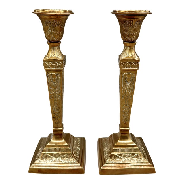 Antique French Brass Candlesticks, Pair — Louis XVI Style Repousse, Early 20th Century For Sale