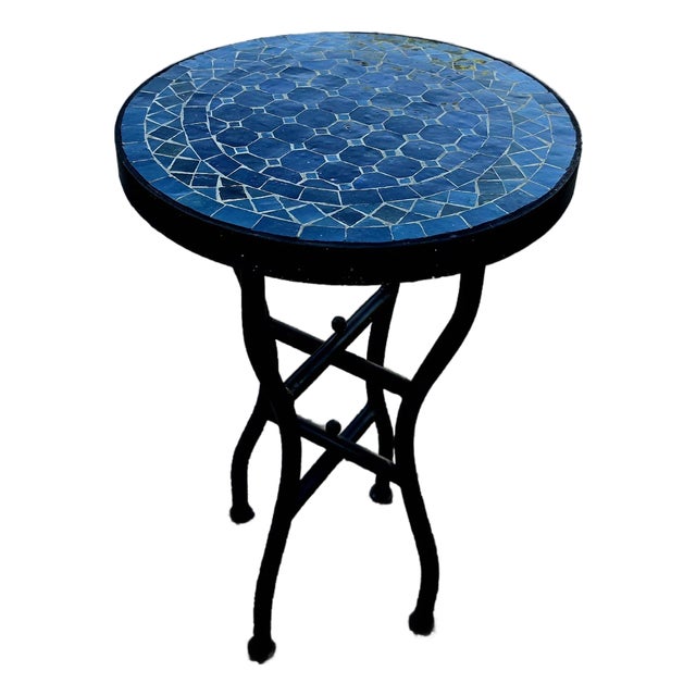 16" Mini Moroccan Mosaic Accent Table – Petrol Blue Tile Top For Sale