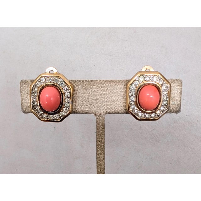 Vintage 1960s Signed Panetta Goldtone Cabochon Faux-Coral & Clear Rhinestone Clip Earrings-2 Pieces For Sale - Image 4 of 9