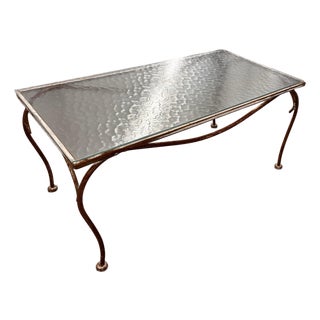 Mid Century Styled After Salterini Outdoor Metal Coffee Table With Textured Glass Top For Sale