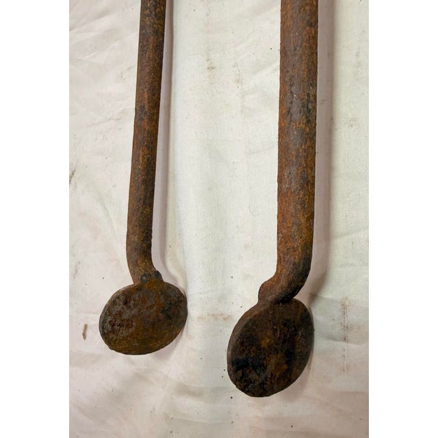Antique 18th Century Wrought Iron Turned Brass English Fireplace Tongs Tool 5 For Sale - Image 4 of 10
