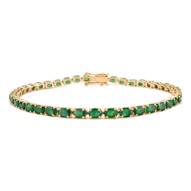 5.41ct Oval Cut Natural Zambian Emerald Sleek Tennis Bracelet in 14k Yellow Gold For Sale