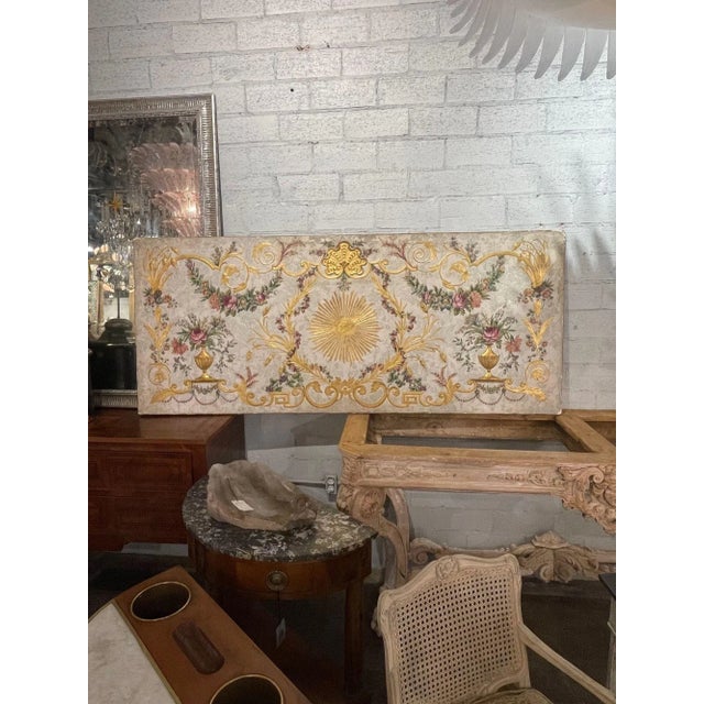 Outstanding 19th century Italian raised gilt gesso and oil painted panel. Very pretty images of leaves, flowers and urns....