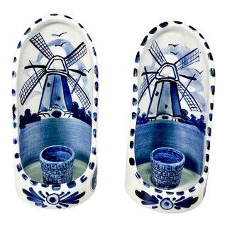 1950s Vintage Holland Delft Boho Chic Handpainted Candleholder Wall Sconces - A Pair. For Sale