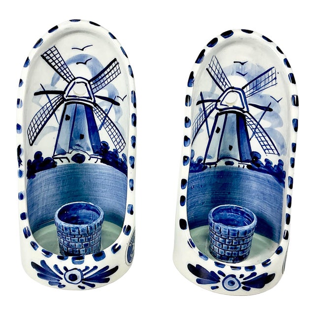 1950s Vintage Holland Delft Boho Chic Handpainted Candleholder Wall Sconces - A Pair. For Sale