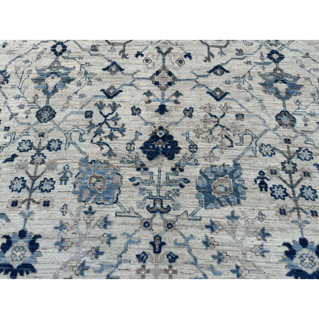 Textile Oushak Handmade Wool Rug With Blue and Ivory Floral Design For Sale - Image 7 of 12
