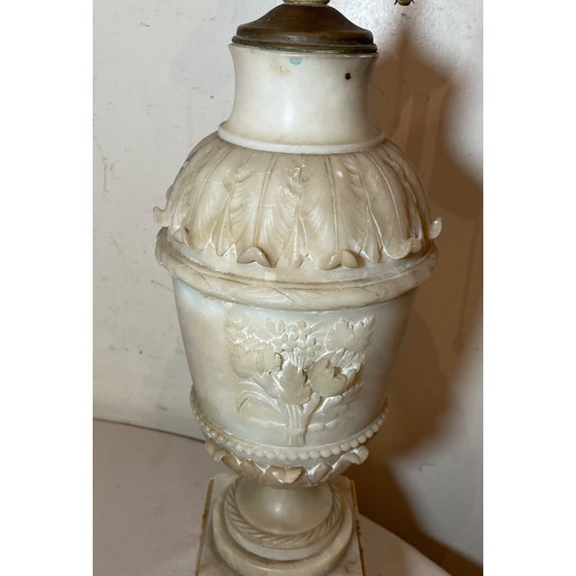 Large Antique Hand Carved Alabaster Stone Marble Urn Flower Electric Table Lamp For Sale - Image 13 of 18