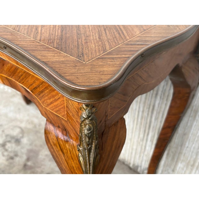 Brown Early 20th Century French Marquetry Bronze Ormolu Mounted Center or Desk Table For Sale - Image 8 of 18