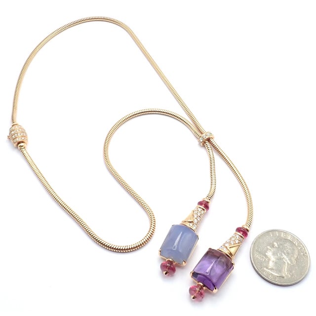 2010s Bulgari Rose Gold Amethyst Chalcedony Tourmaline Lariat Necklace For Sale - Image 5 of 15